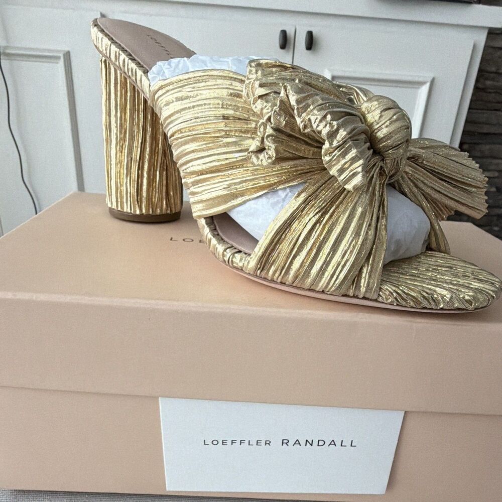 Loeffler Randall Gold Knot Bow Pleated Slide Sandals Open Toe Block Heel 6.5B